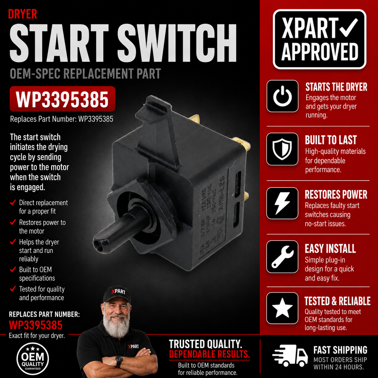 Whirlpool Dryer Start Switch WP3395385 — Fix Dryer Won't Start