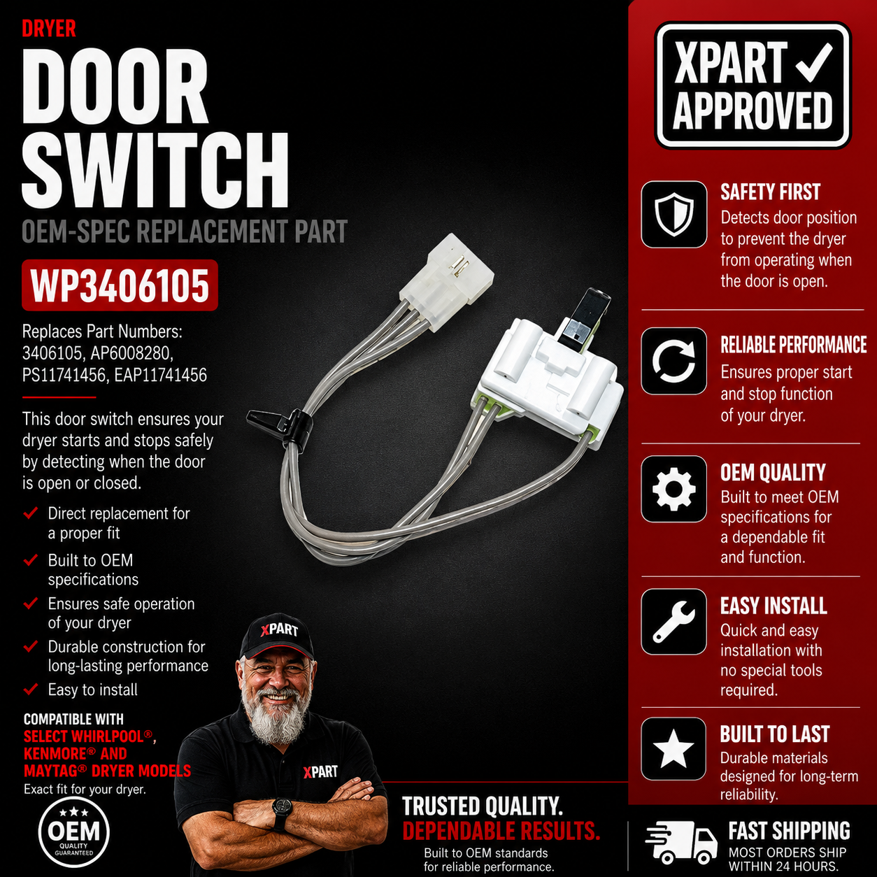 Whirlpool Dryer Door Switch WP3406105 — Fixes Dryer Won’t Start & Door Safety Failure