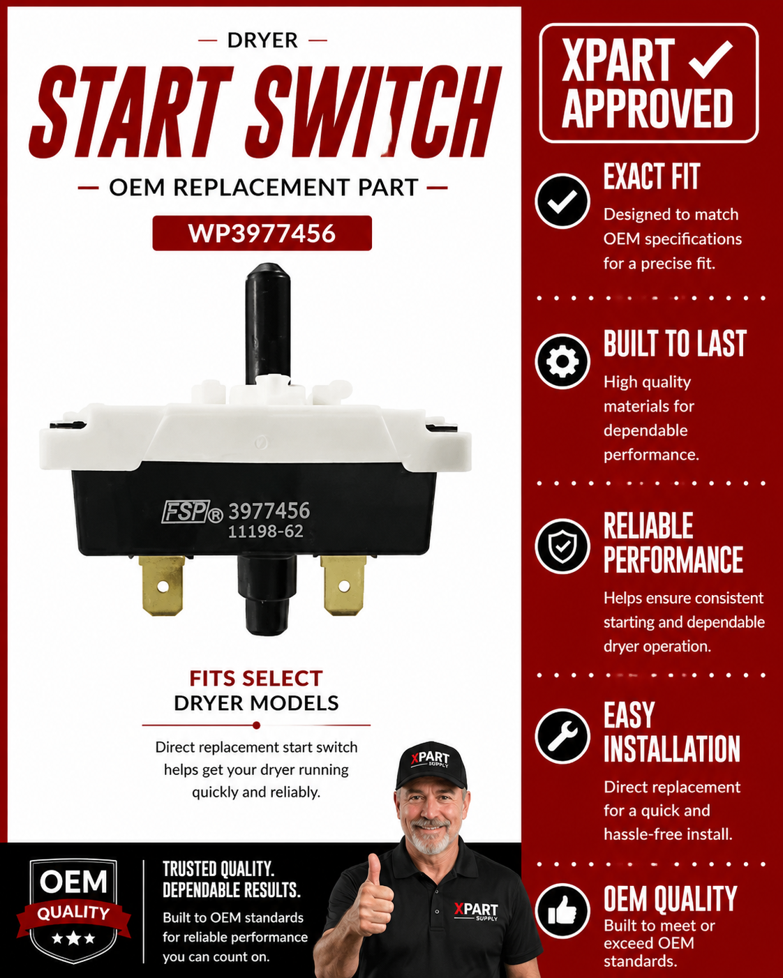 Whirlpool Dryer Start Switch WP3977456 — Fixes Dryer Won't Start