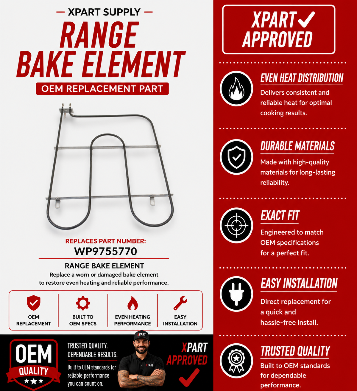 WP9755770 Whirlpool Range Oven Bake Element – OEM Replacement (Replaces 9755770, W10308474)