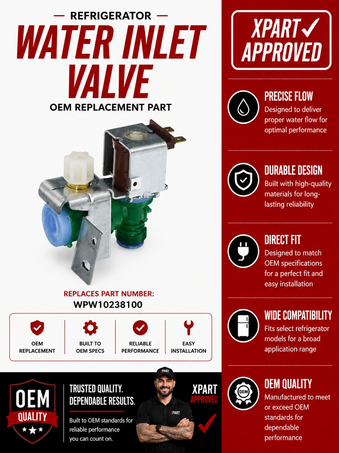 WPW10238100 Whirlpool KitchenAid Refrigerator Water Inlet Valve