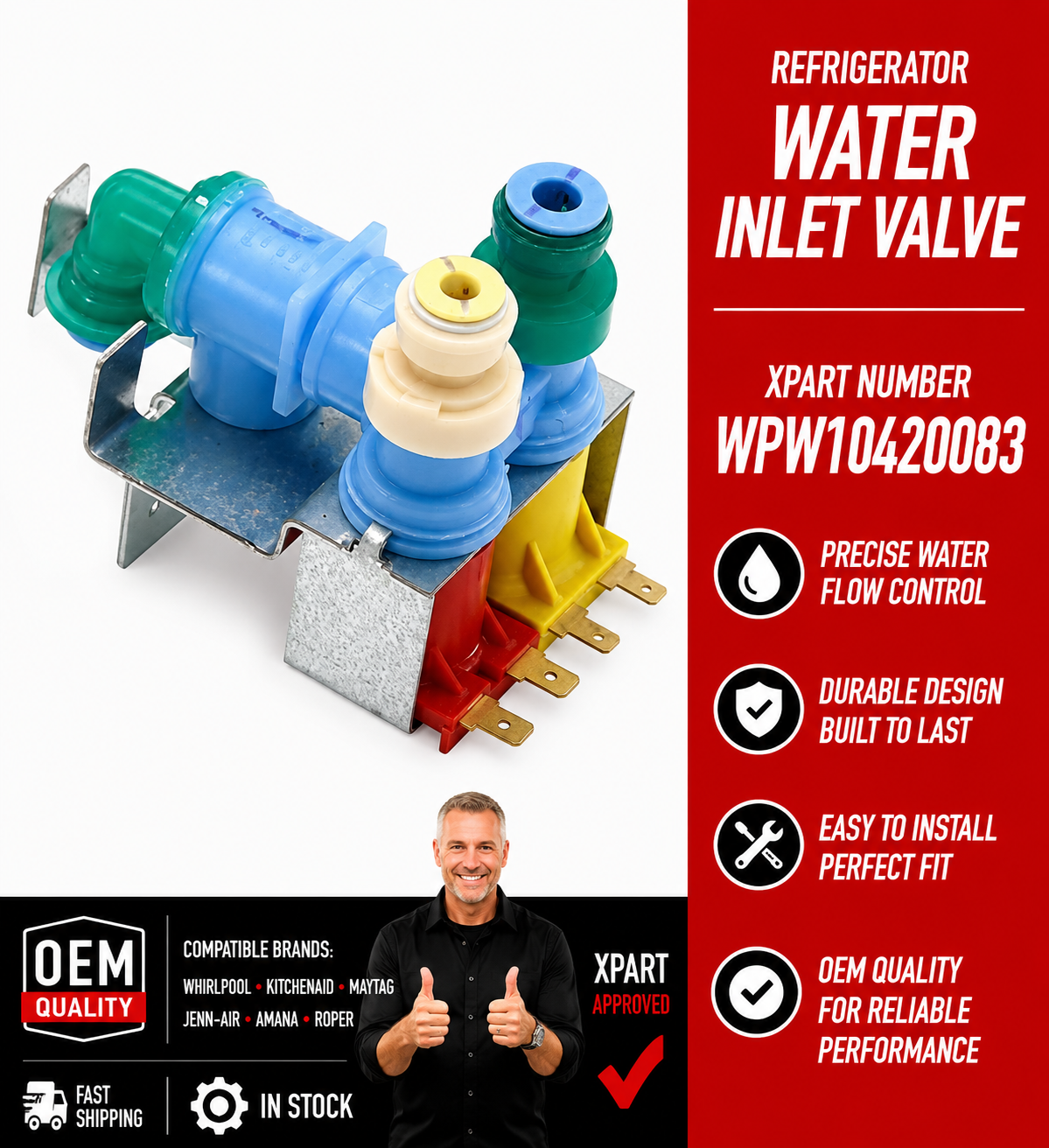 Refrigerator water inlet valve with XPart number WPW10420083 on a white background