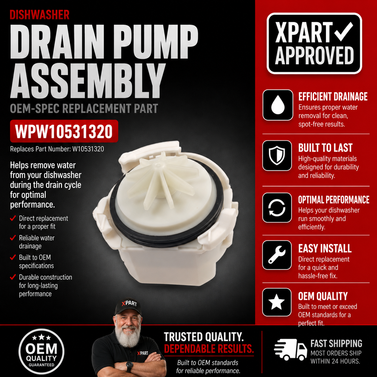 Whirlpool WPW10531320 Drain Pump & Motor Assembly — Stops Dishwasher Not Draining