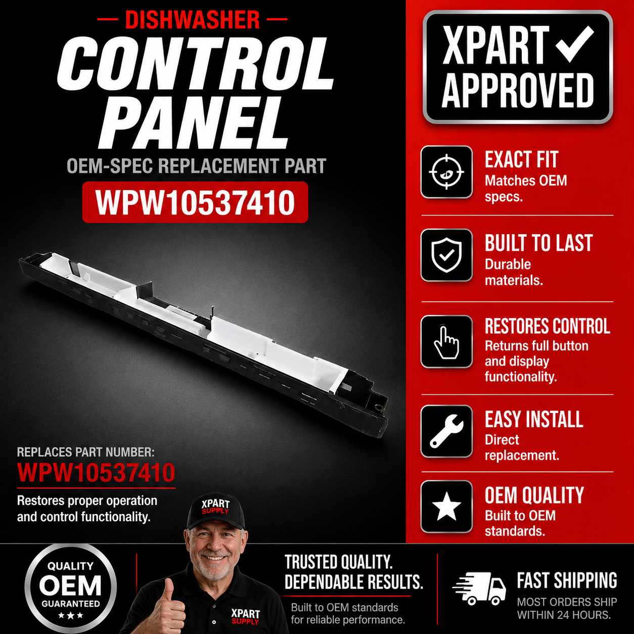 Whirlpool Dishwasher Control Panel WPW10537410 — Fixes Unresponsive Controls & Cycle Failures