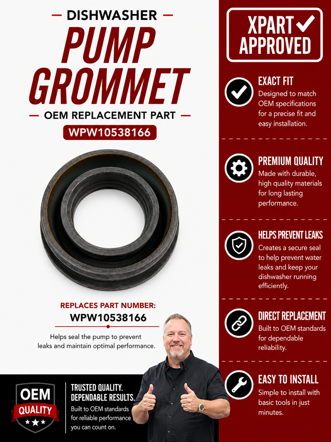WPW10538166 Dishwasher Pump & Drain Grommet – OEM Whirlpool Replacement