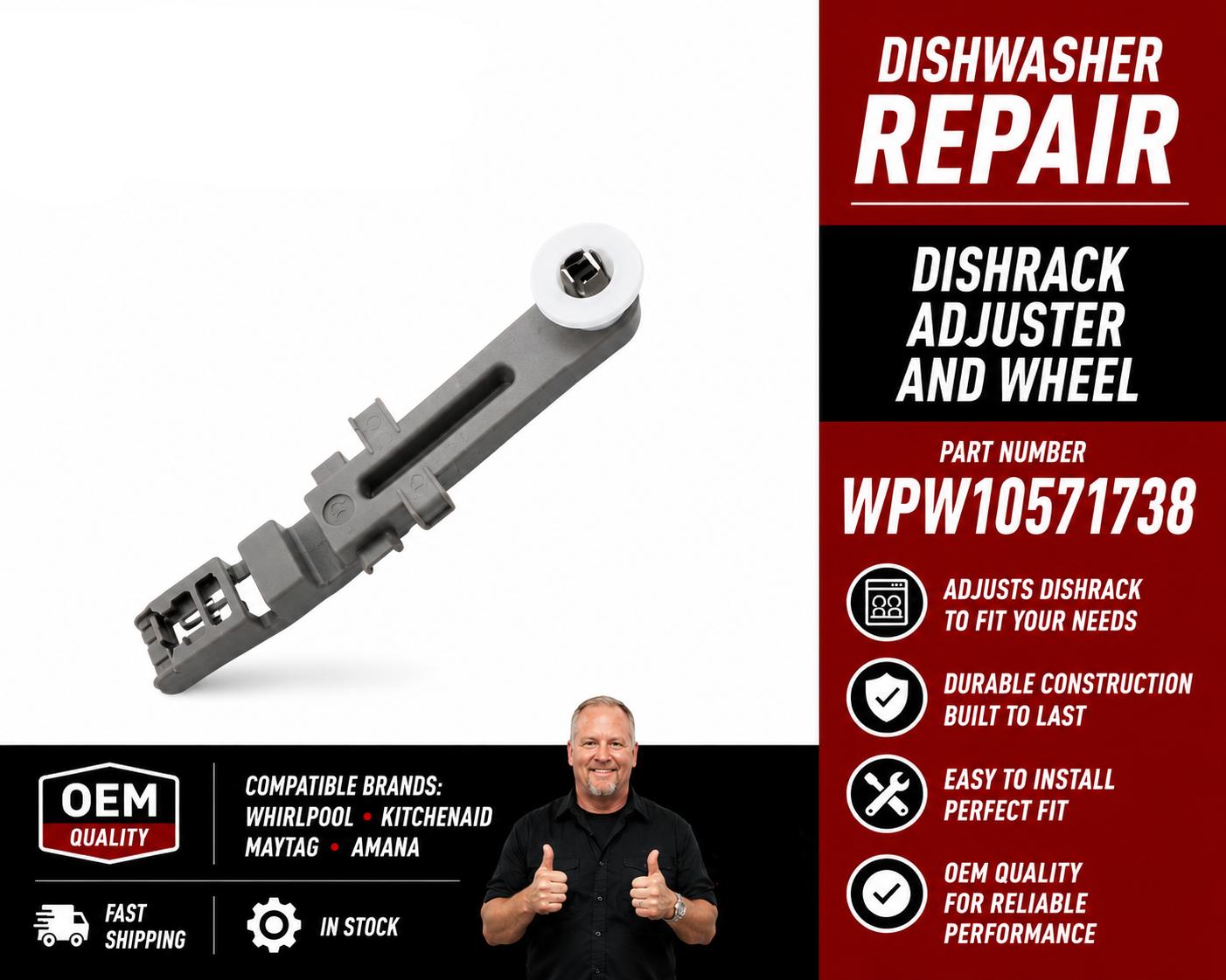 WPW10571738 Whirlpool Dishwasher Adjuster and Wheel Assembly – Genuine OEM
