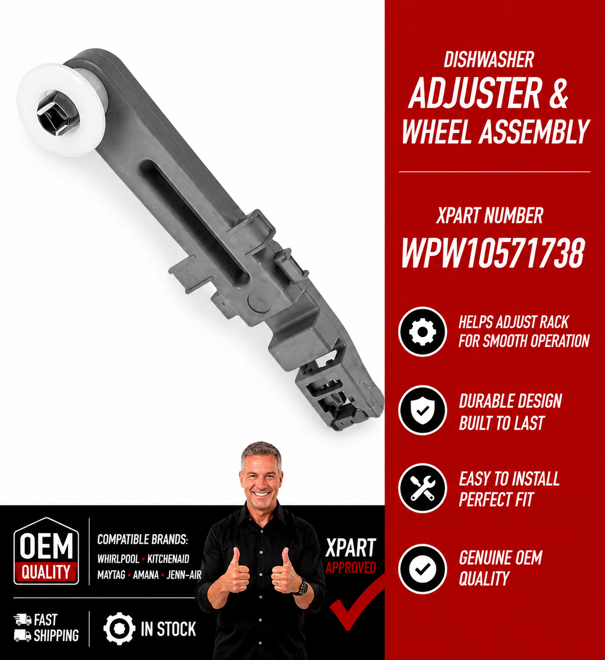 Dishwasher adjuster and wheel assembly with Xpart number WPW10571738 on a white and red background.