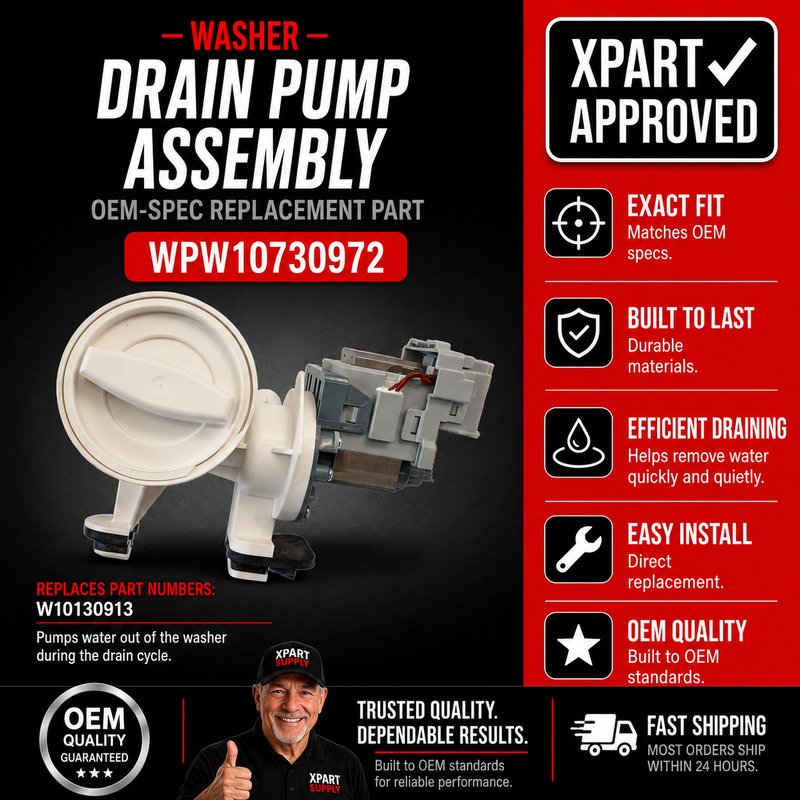 Whirlpool Washer Drain Pump Assembly WPW10730972 — Fixes No-Drain & Standing Water