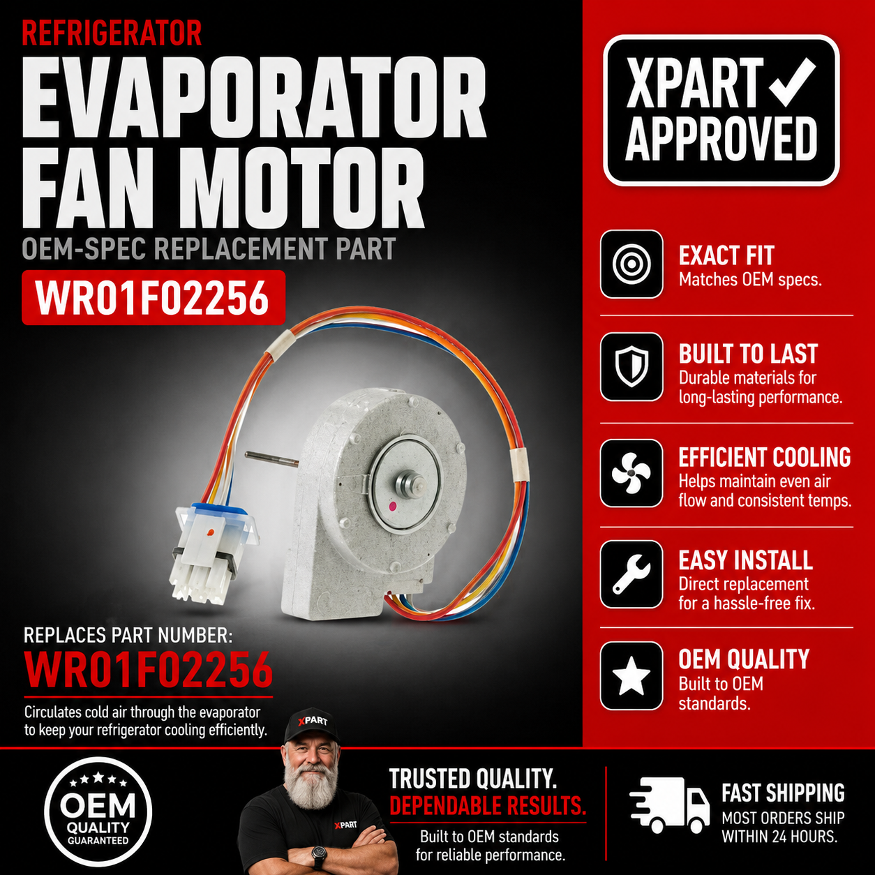 GE WR01F02256 Refrigerator Evaporator Fan Motor — Restore Cooling Fast