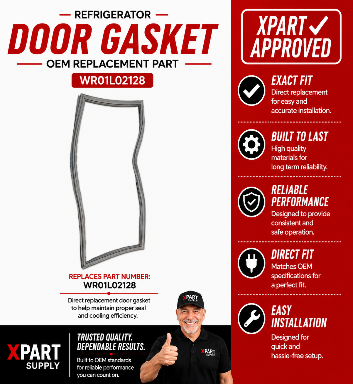 GE Refrigerator Door Gasket WR01L02128 — Fixes Frost Buildup & Warm Fridge (Grey)