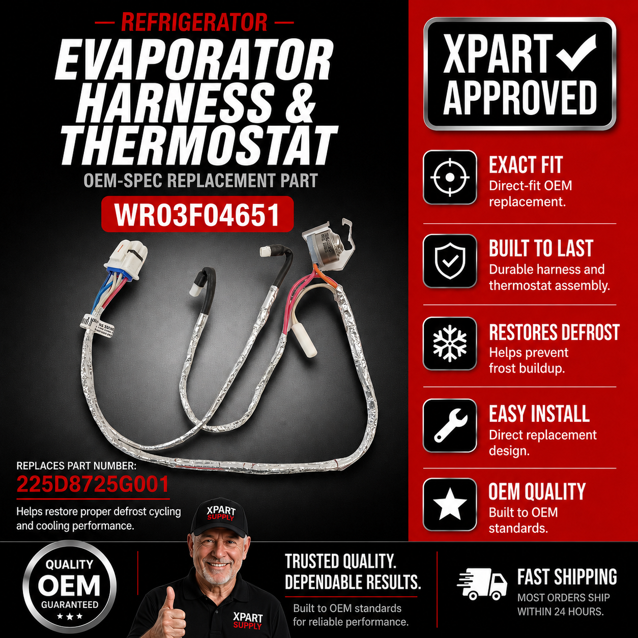 GE Evaporator Harness & Thermostat WR03F04651 — Fixes Frost Buildup & Defrost Failure