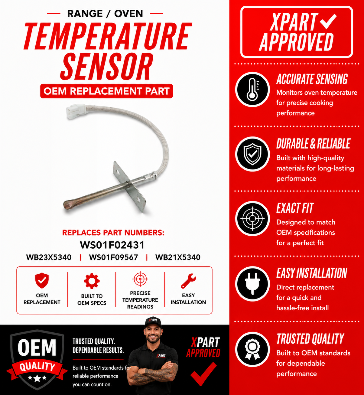 GE Oven Temperature Sensor WS01F02431 — Fixes F3/F4 Error & Uneven Baking