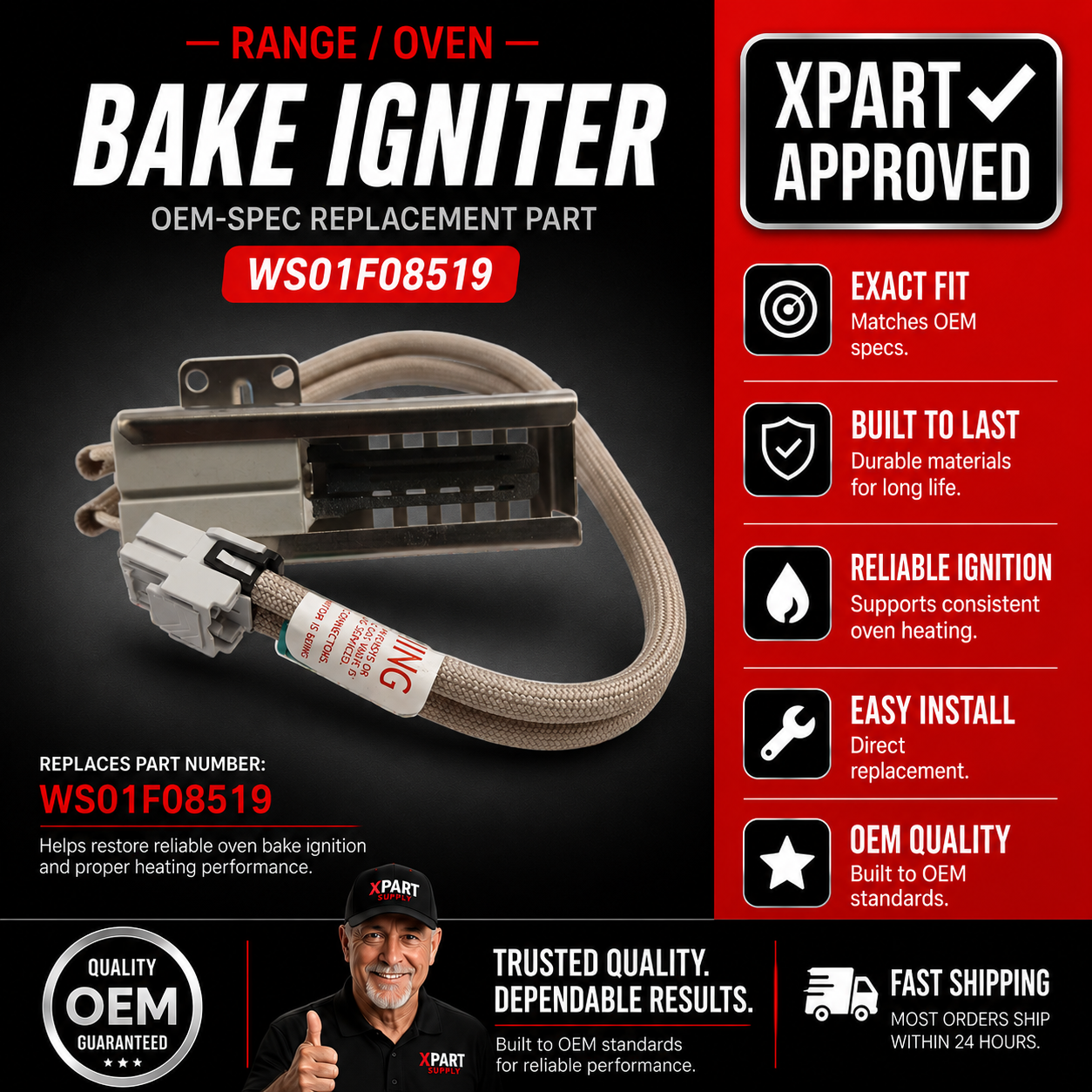 GE Range Oven Glowbar Igniter WS01F08519, Fixes Oven Not Igniting or Heating