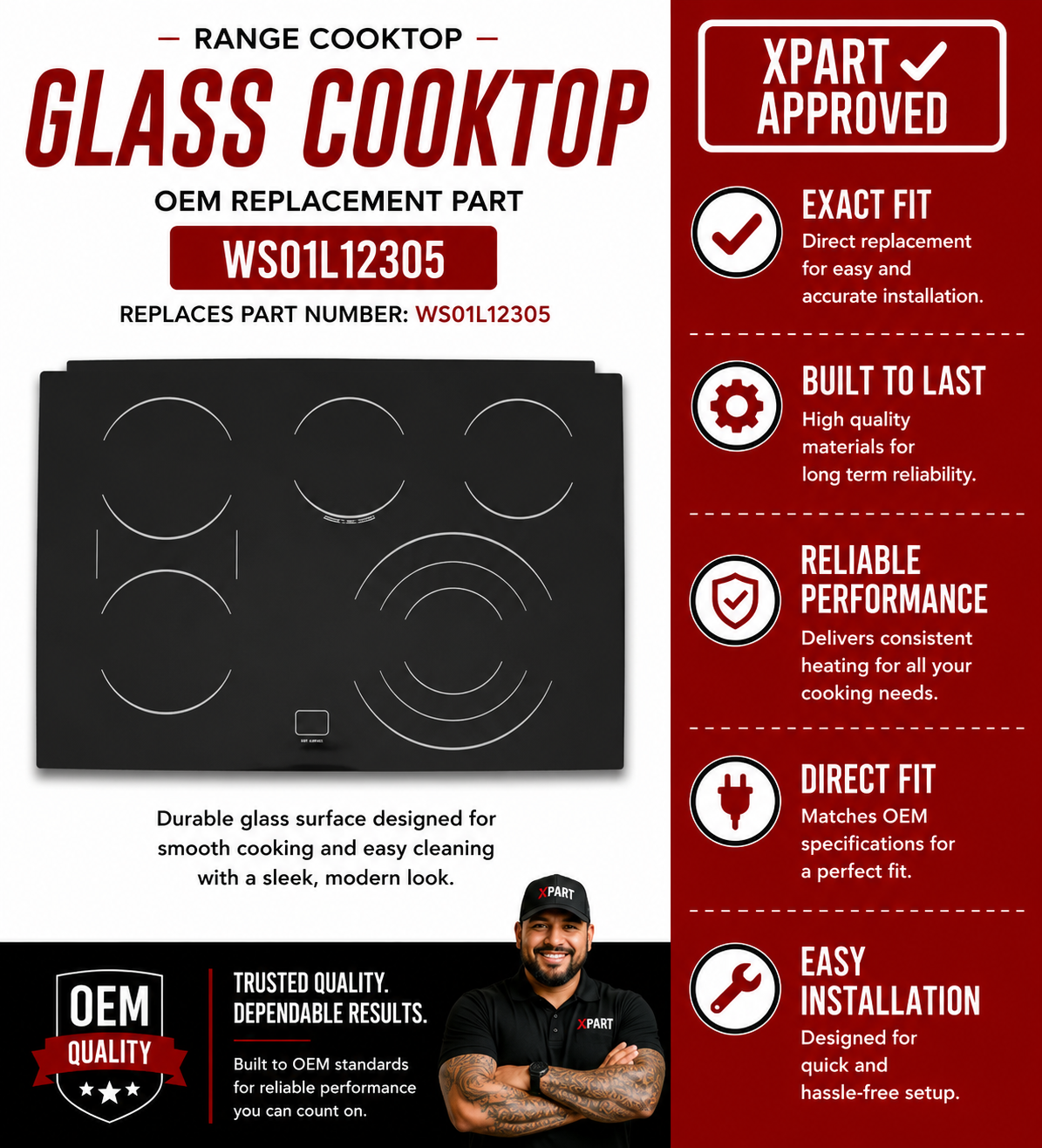 GE Glass Cooktop WS01L12305 — Replace Cracked or Shattered Smoothtop Surface