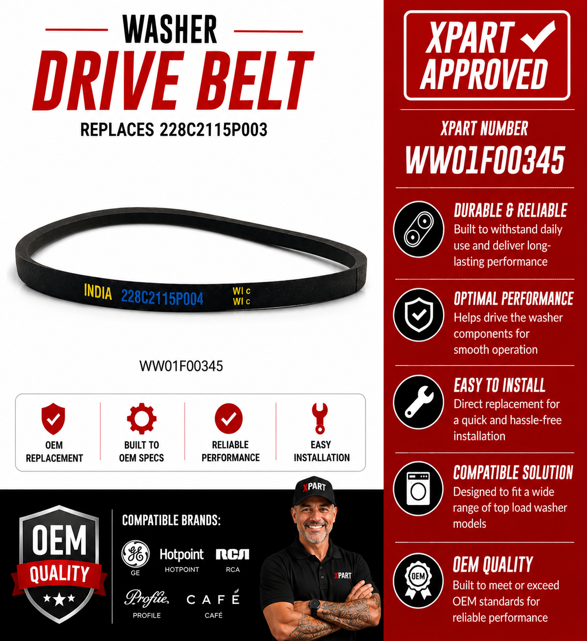 Washer drive belt with Xpart approval details on a white background