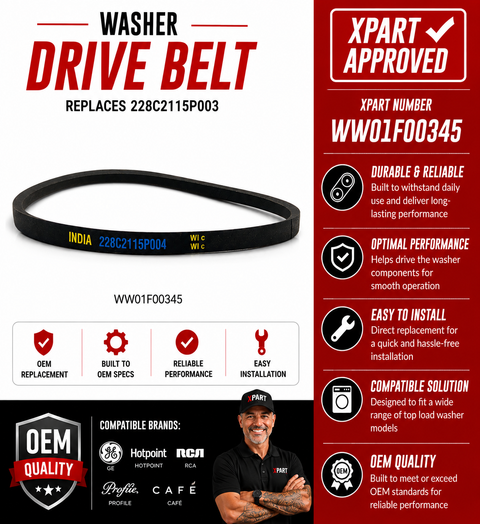 Washer drive belt with Xpart approval details on a white background