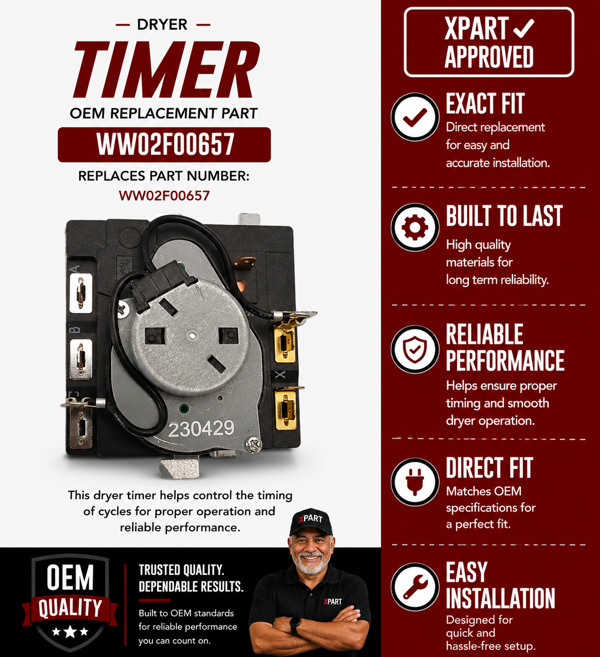 WW02F00657 GE Dryer Timer | OEM Replacement (Replaces 234D2377P005, TMD1EM35, WE04X25280)