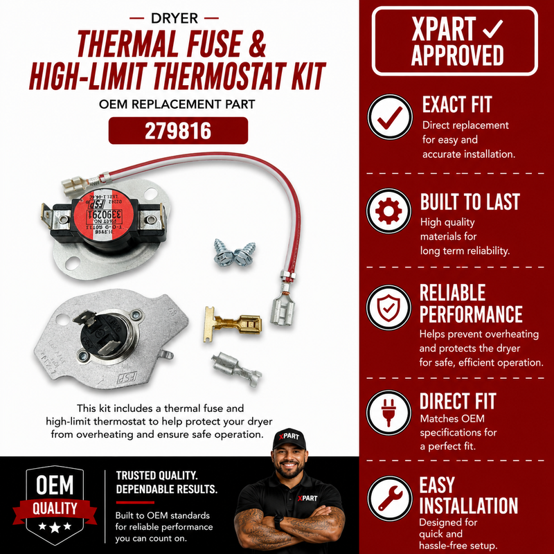 Whirlpool 279816 Dryer Thermal Cut-Off Kit — Fixes No Heat & Long Drying Times