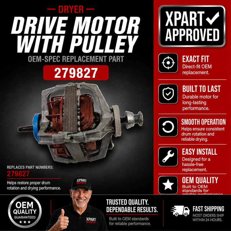 Whirlpool 279827 Dryer Drive Motor with Pulley — Drum Won't Turn? OEM Replacement