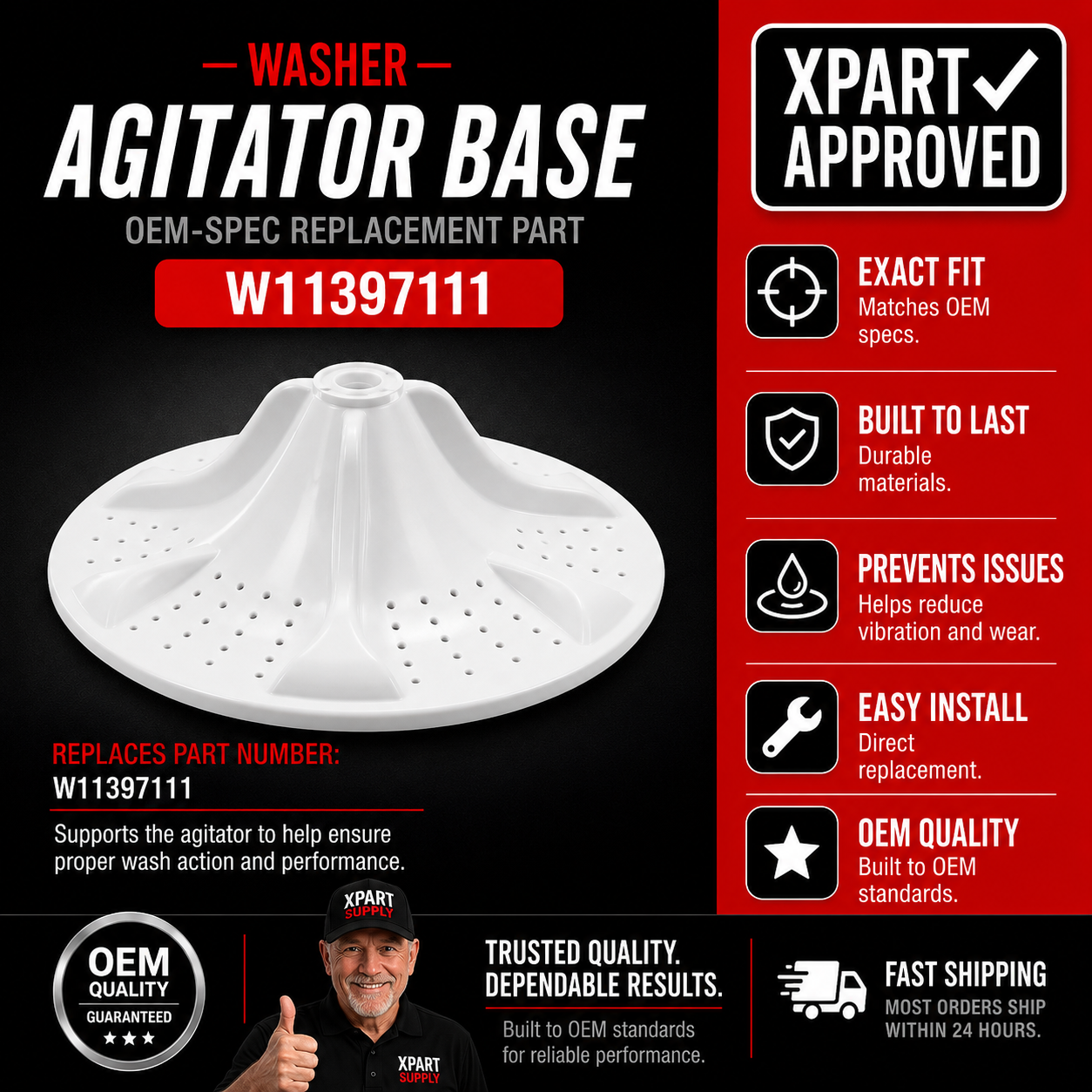 Whirlpool Agitator Base W11397111 — Restore Full Wash Agitation
