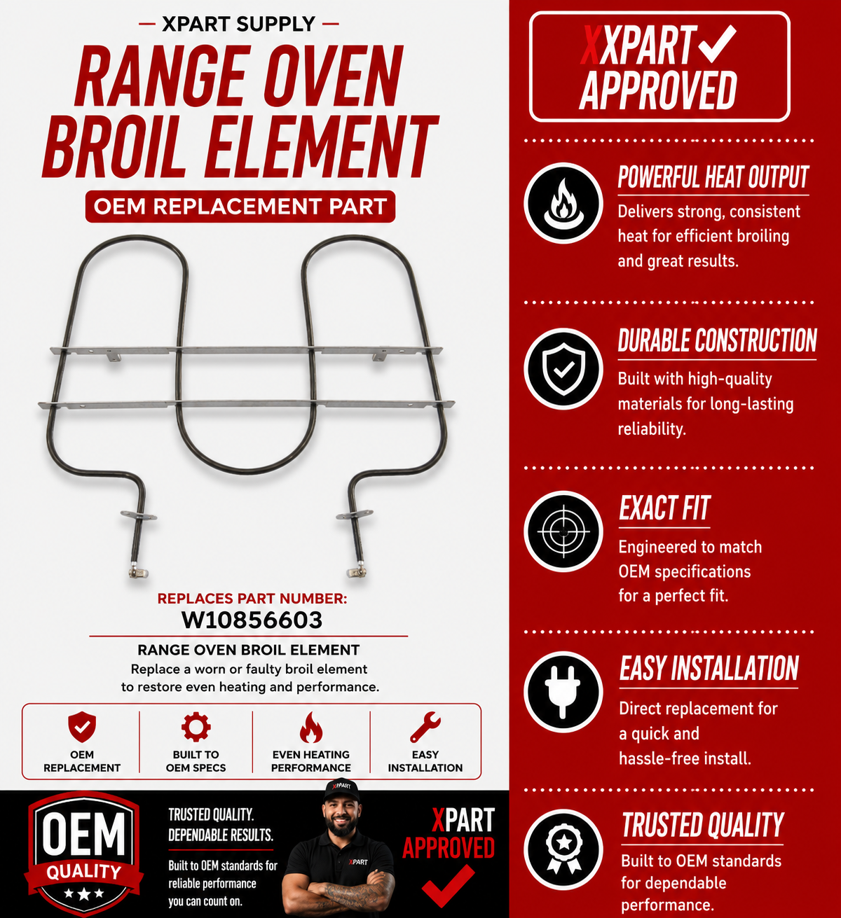 Whirlpool Broil Element W10856603 — Fixes Oven That Won't Broil or Brown on Top