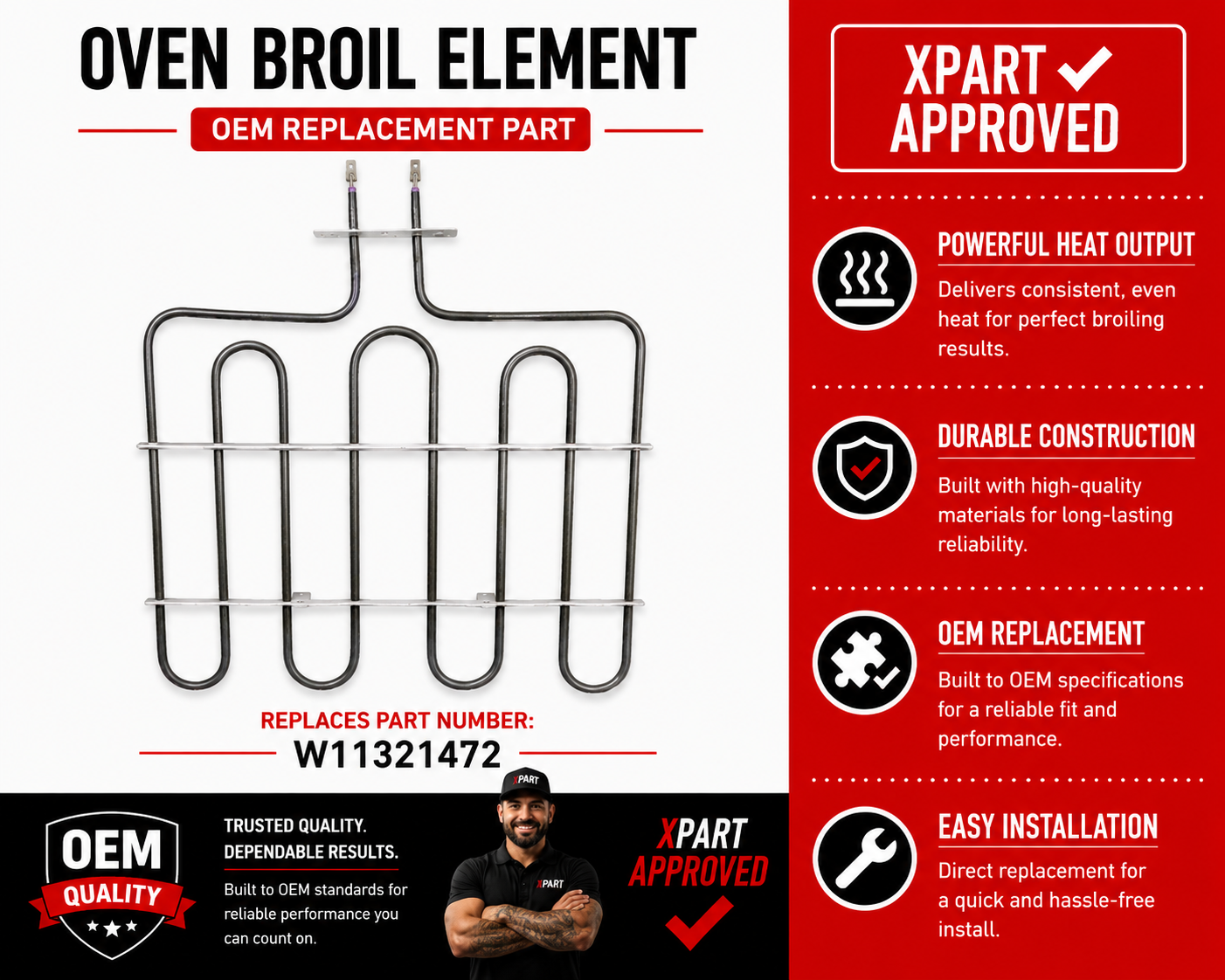 Whirlpool Broil Element W11321472 — Fix an Oven That Won't Broil or Has No Top Heat