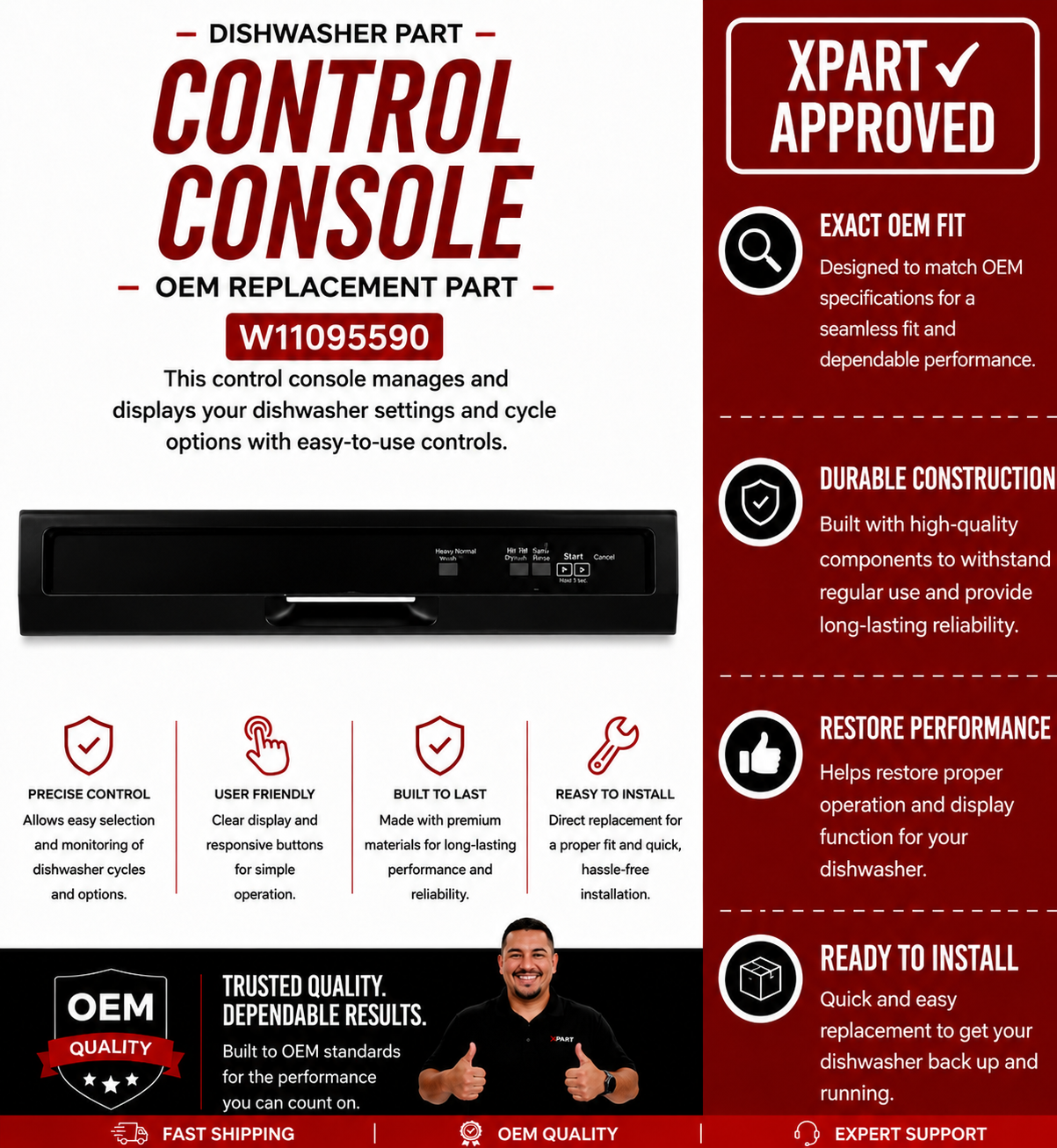 Whirlpool Control Console W11095590 — Fixes Unresponsive Dishwasher Controls