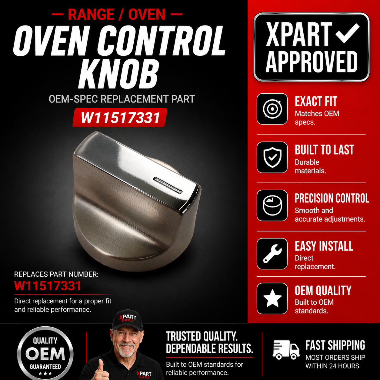 Whirlpool Control Knob W11517331 — Fixes Cracked, Broken, or Slipping Range Knob