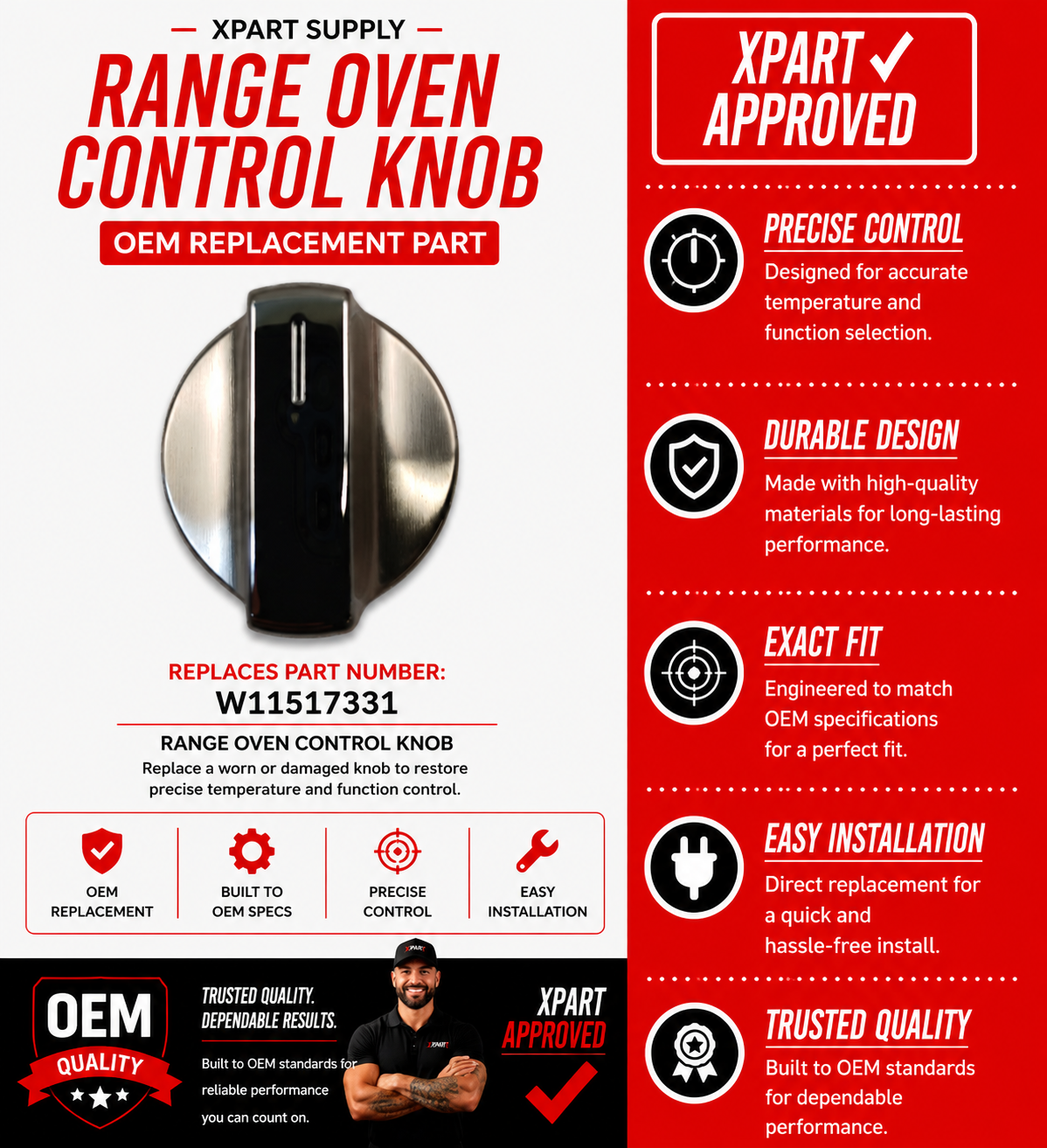 Whirlpool Control Knob W11517331 — Fixes Cracked, Broken, or Slipping Range Knob