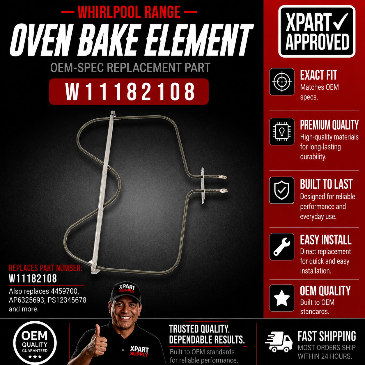Whirlpool Range W11182108, Replaces W11022836 Corporation Bake element