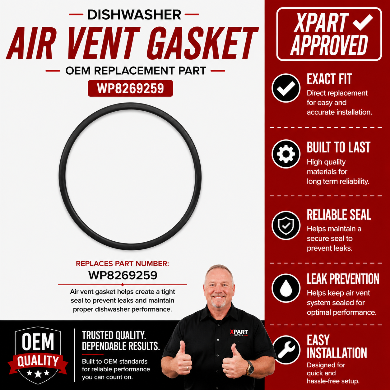 Whirlpool Dishwasher Air Vent Gasket WP8269259 — Stop Moisture Leaks & Restore Proper Venting