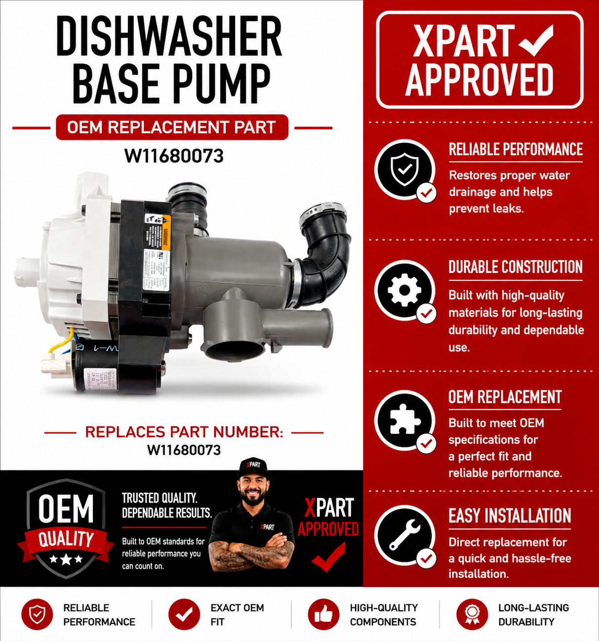 Whirlpool Dishwasher Base Pump W11680073 — Restore Water Circulation & Drainage