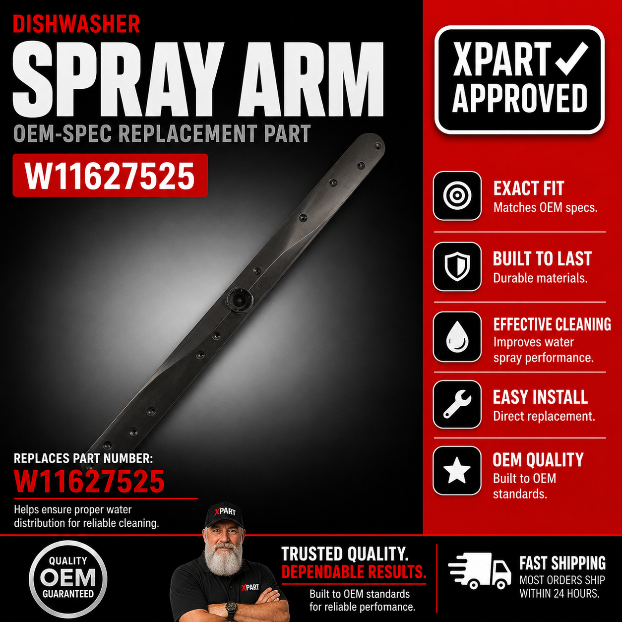 Whirlpool Dishwasher Center Spray Arm W11627525 — Fix Poor Wash Performance & Dishes Not Getting Clean
