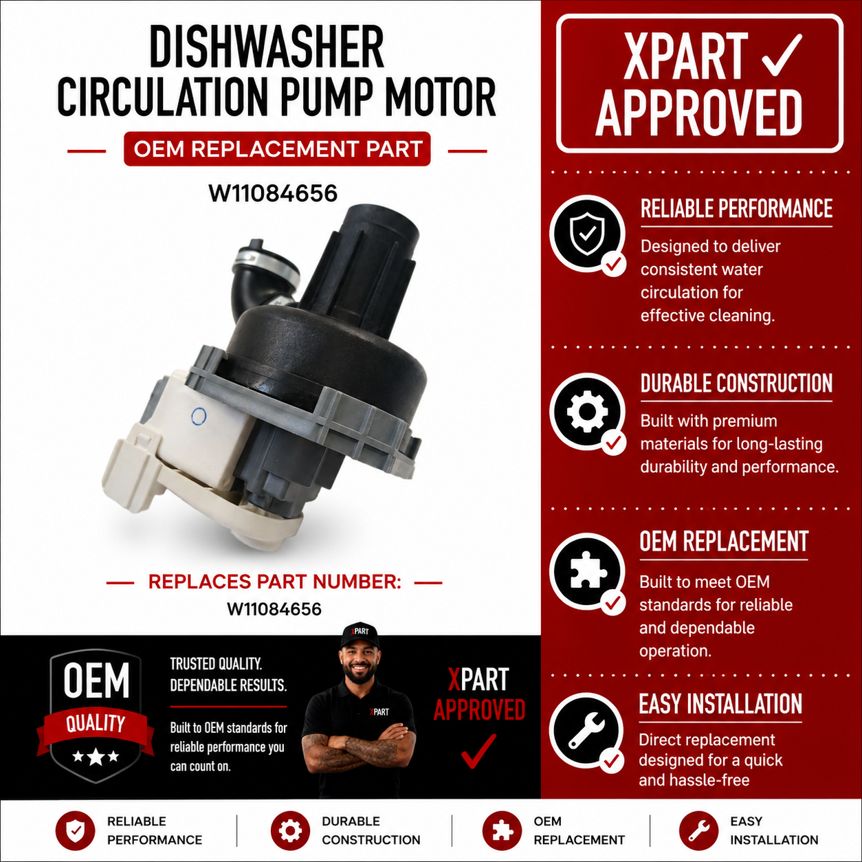 Whirlpool Dishwasher Circulation Pump Motor W11084656 — Fix Poor Cleaning & No Water Circulation