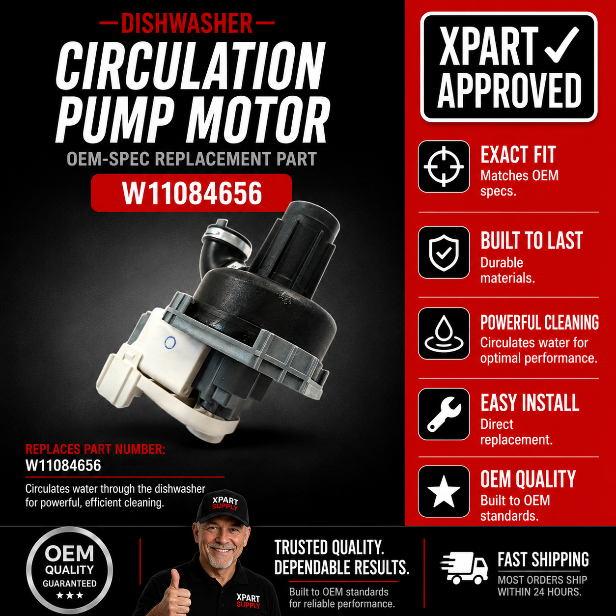Whirlpool Dishwasher Circulation Pump Motor W11612327 — Dishwasher Not Cleaning or No Water Spray