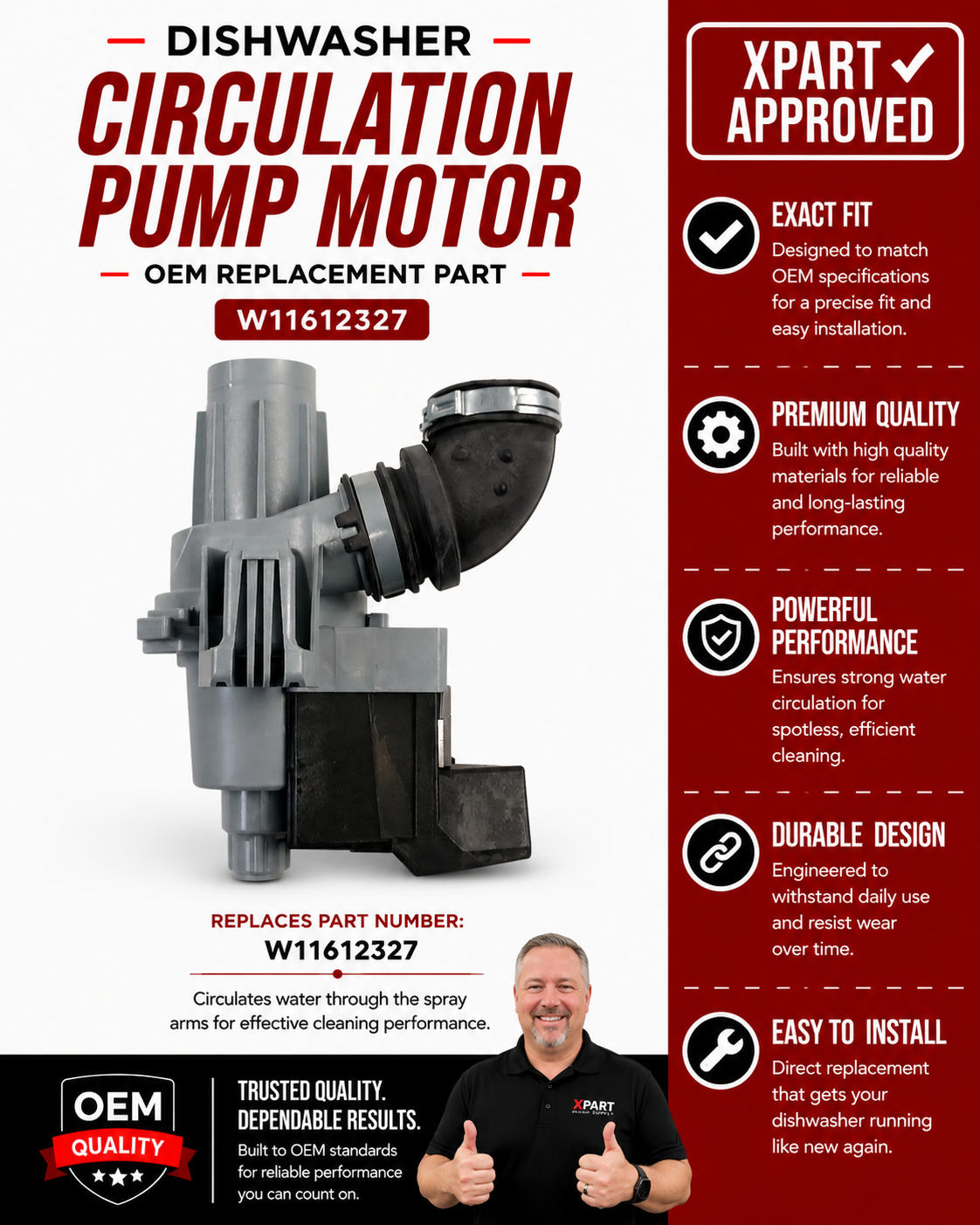 Whirlpool Dishwasher Circulation Pump Motor W11612327 — Restore Wash Pressure & Spray Action
