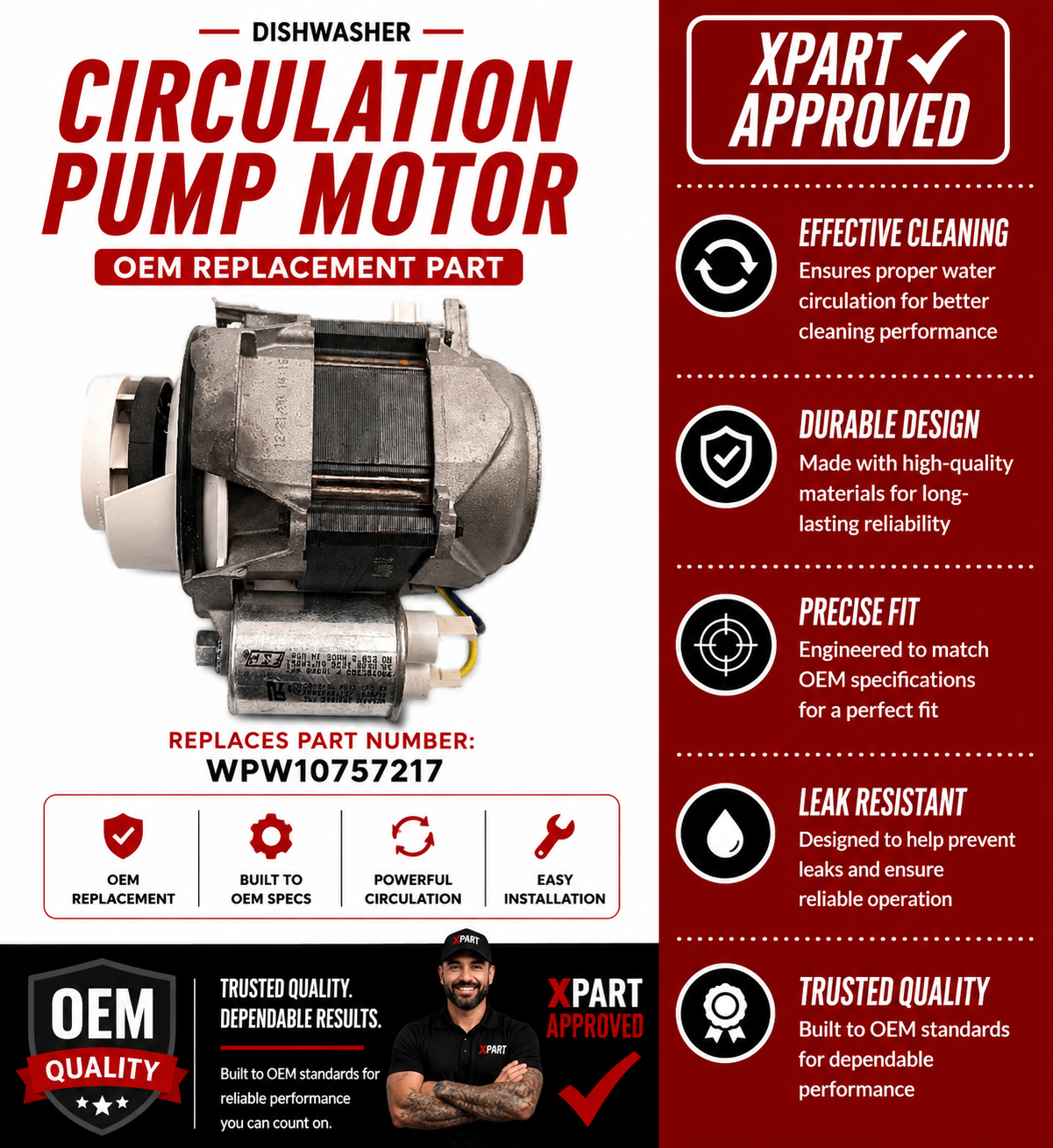 Whirlpool Dishwasher Circulation Pump Motor WPW10757217 — Fixes No Water Circulation or Poor Wash Performance