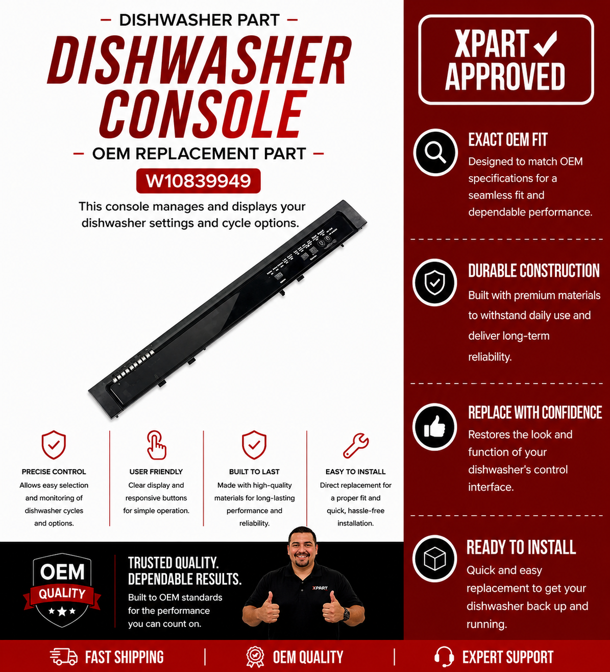 Whirlpool Dishwasher Console W10839949 — Restore Unresponsive Controls Fast