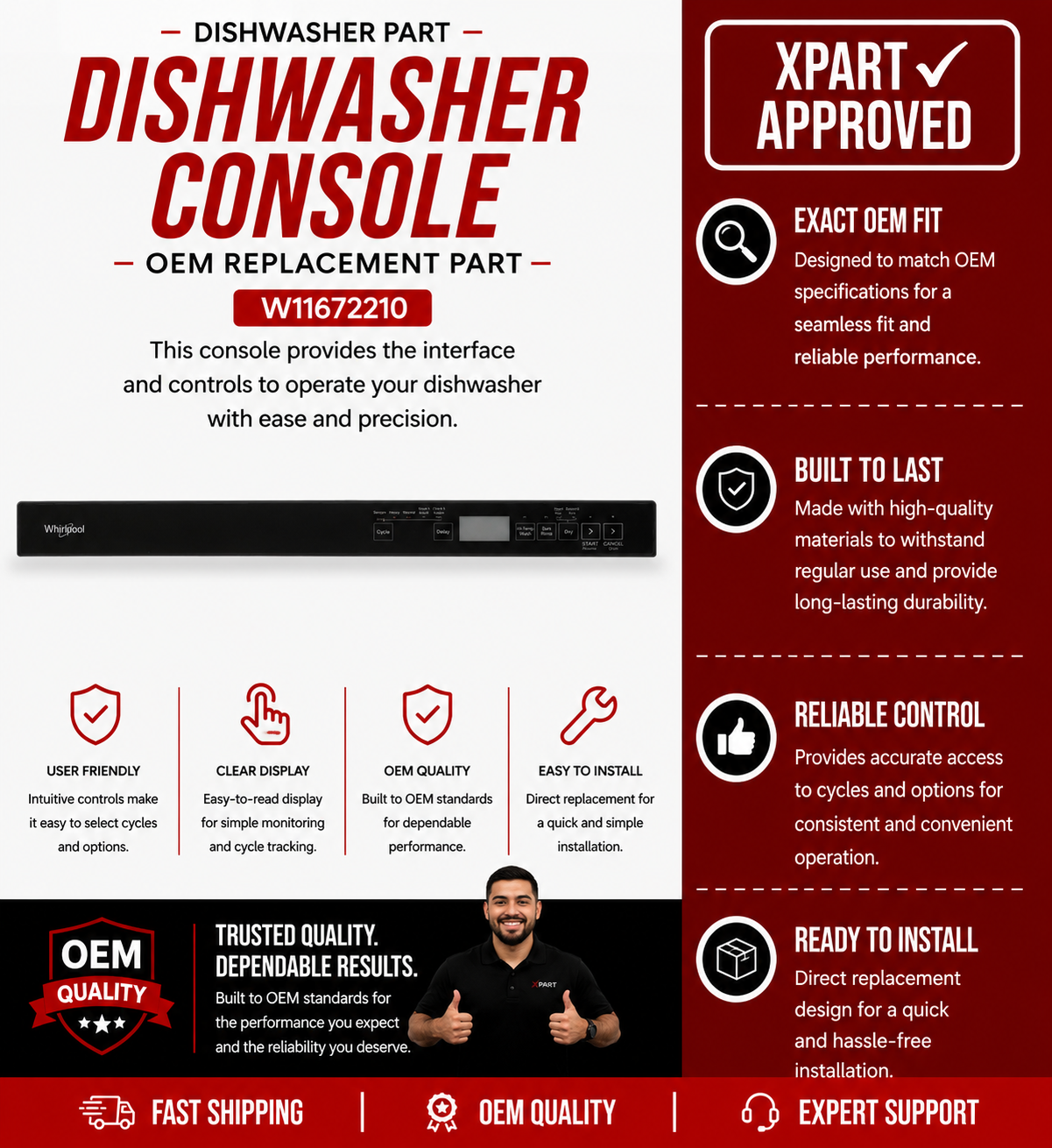 Whirlpool Dishwasher Console W11672210 — Fixes Unresponsive Controls and Cycle Selection Failures