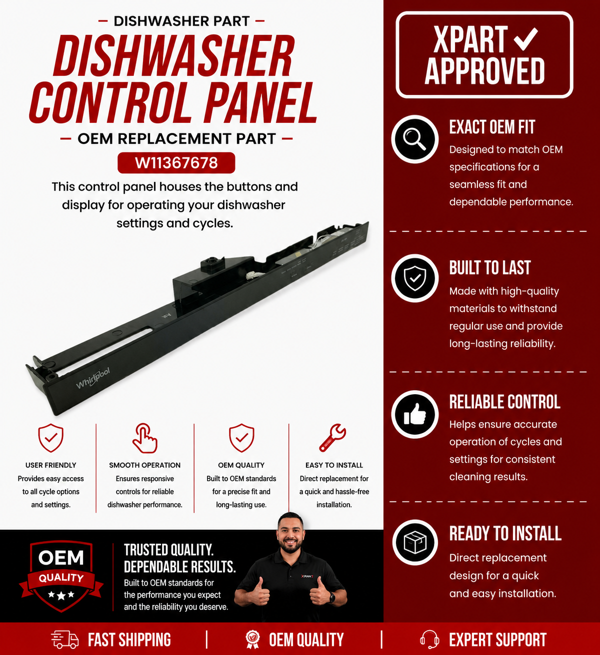 Whirlpool Dishwasher Control Panel W11367678 — Fixes Unresponsive Controls and Display Failures
