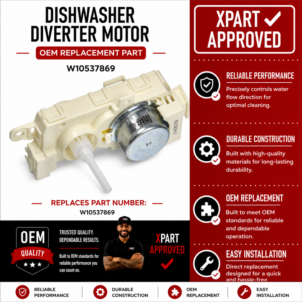 Whirlpool Dishwasher Diverter Motor W10537869 — Restore Proper Water Flow & Wash Performance