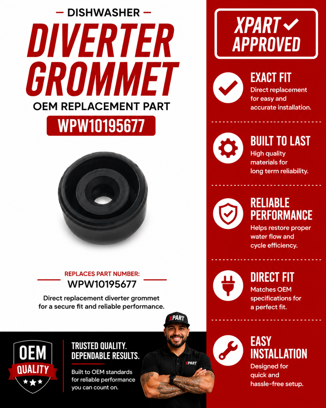Whirlpool Diverter Seal Grommet WPW10195677 — Stops Leaks & Restores Wash Performance