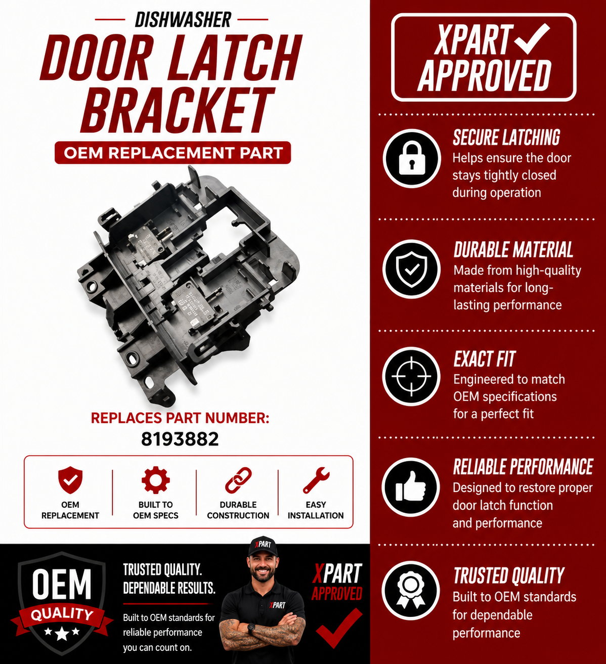 Whirlpool Dishwasher Door Latch Bracket 8193882 — Fixes Door Won't Latch or Stay Closed