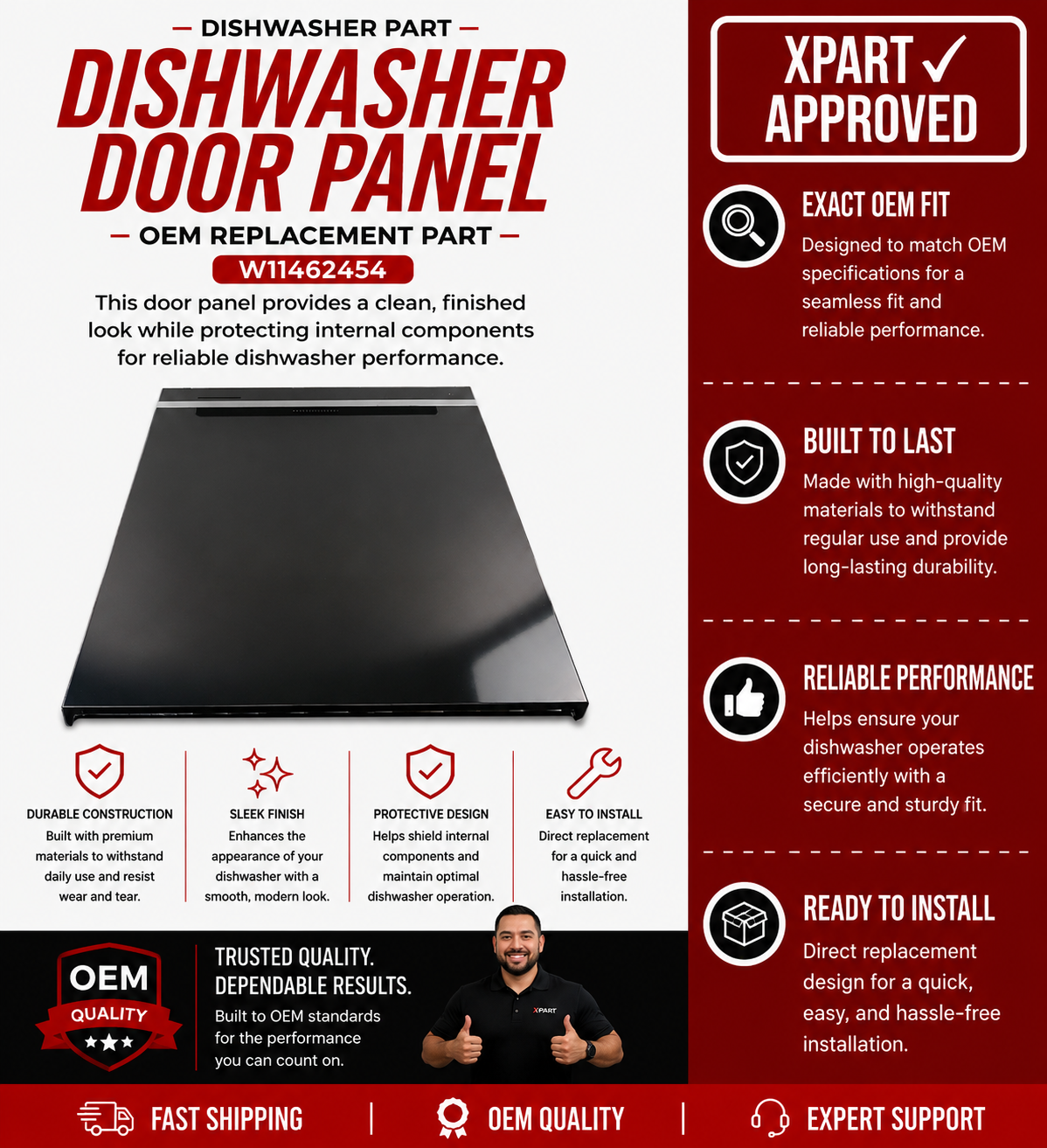 Whirlpool Dishwasher Door Panel W11462454 — Fixes Cracked, Damaged, or Worn Inner Door Panel