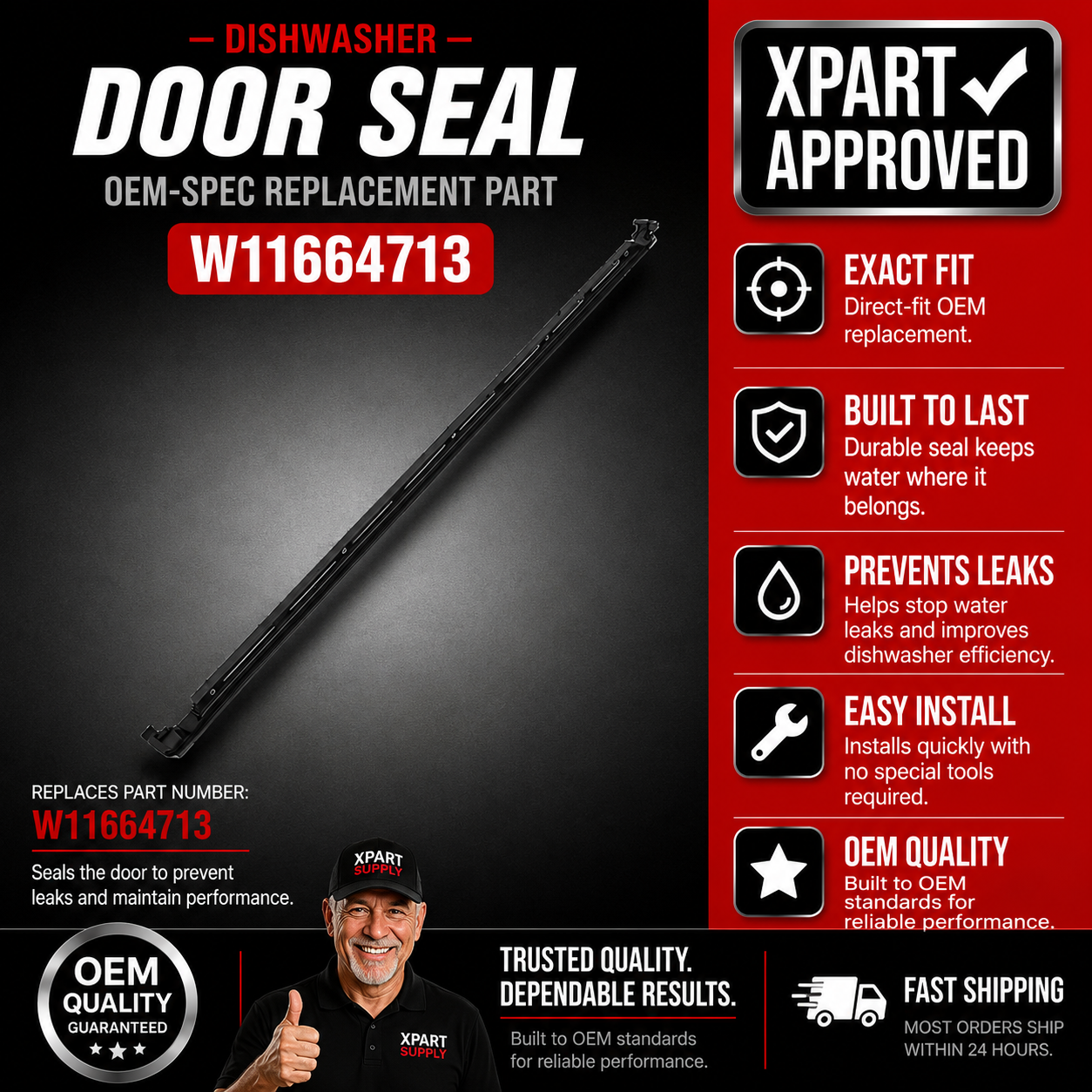 Whirlpool Dishwasher Door Seal W11664713 — Fix a Leaking Dishwasher Door