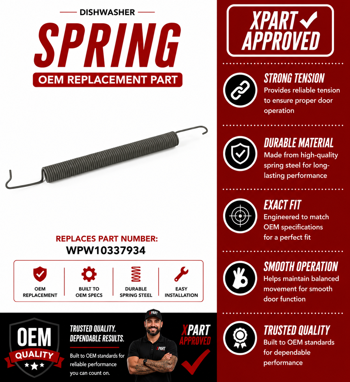Whirlpool Dishwasher Door Spring WPW10337934 — Fixes Door Falling Open or Won't Stay Closed
