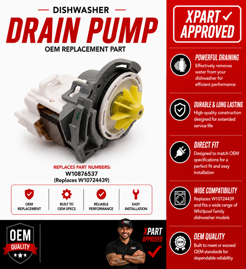Dishwasher drain pump with Xpart approval and compatibility details on a white background