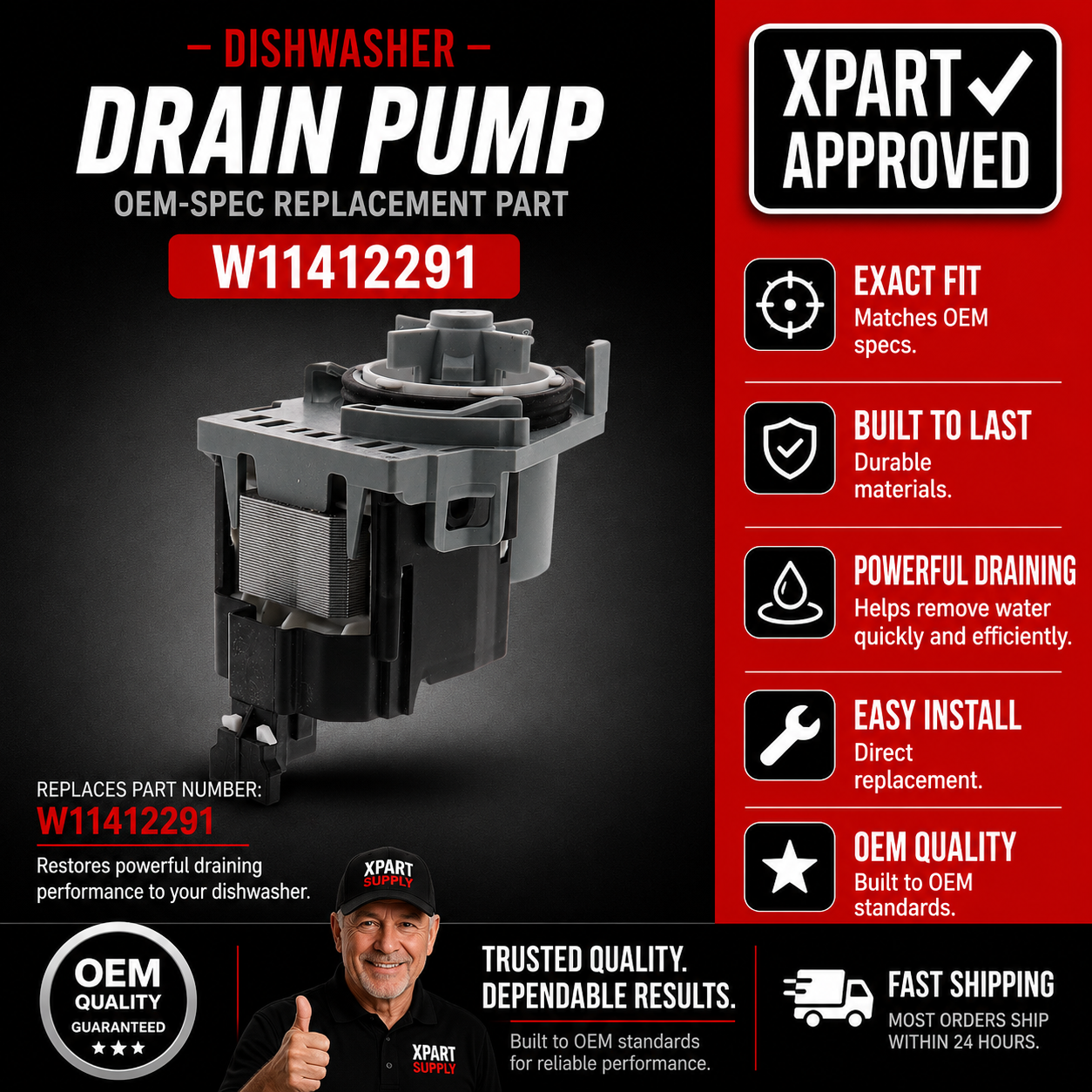 Whirlpool Dishwasher Drain Pump W11412291 – Fix Standing Water, Won't Drain, or Grinding Noise | OEM