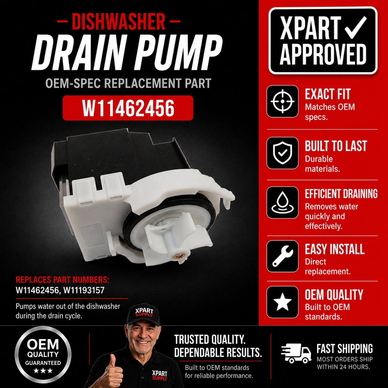 Whirlpool Dishwasher Drain Pump W11462456 — Fix Standing Water & Drain Failures