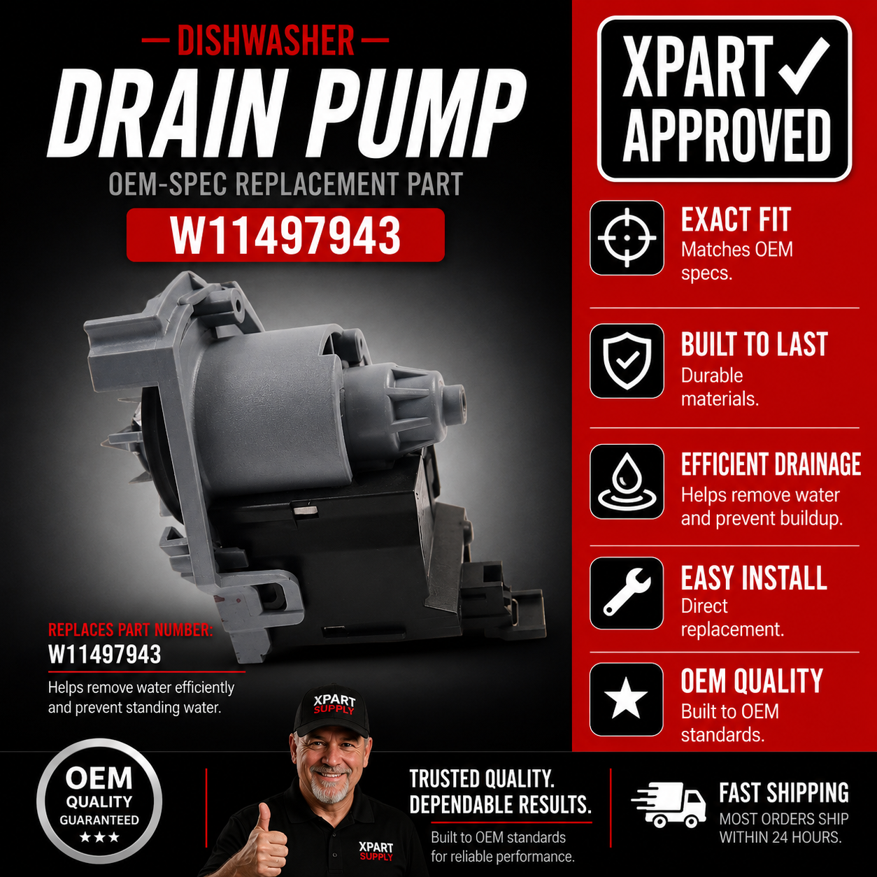 Maytag Dishwasher Drain Pump W11497943 — Replaces W11235873, W11412663, W11491436